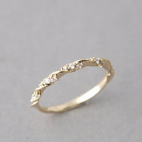 💎14K Gold Plated Thin Twisted CZ Wedding Ring for Women, MLNN1117 - Picture 1 of 2
